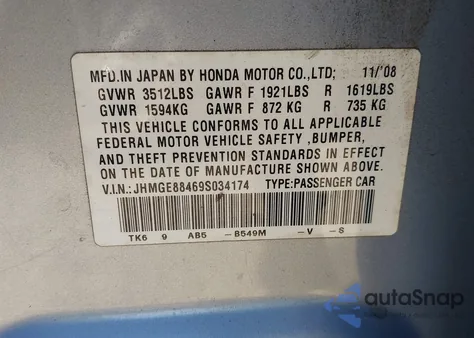 2009 Honda Fit Sport from USA, damaged, VIN JHMGE88469S034174
